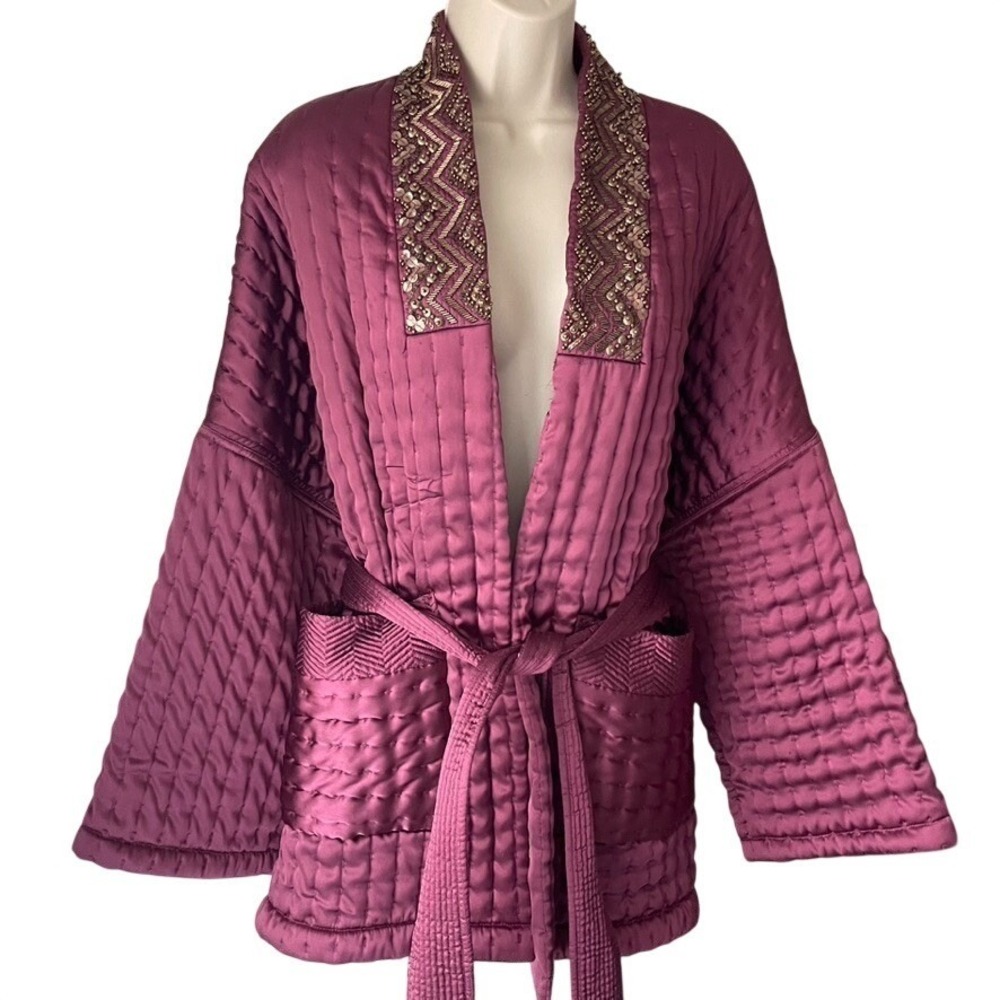 Anthro Phoebe Embellished‎ Quilted Jacket Boho Kimono Tie Waist NWT Plum